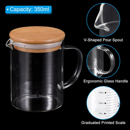 250ml Glass Measuring Cup, 3.3 Borosilicate Glass Graduated Black Printed Scale Liquid Measure Cups Beaker with Wood Lid and V-Shaped Spout for Kitchen