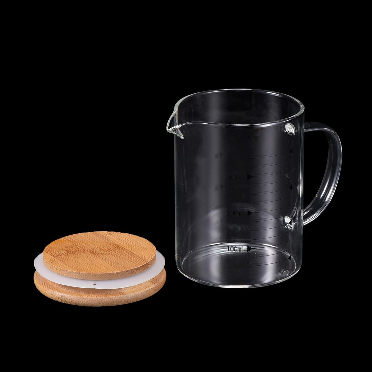 250ml Glass Measuring Cup, 3.3 Borosilicate Glass Graduated Black Printed Scale Liquid Measure Cups Beaker with Wood Lid and V-Shaped Spout for Kitchen