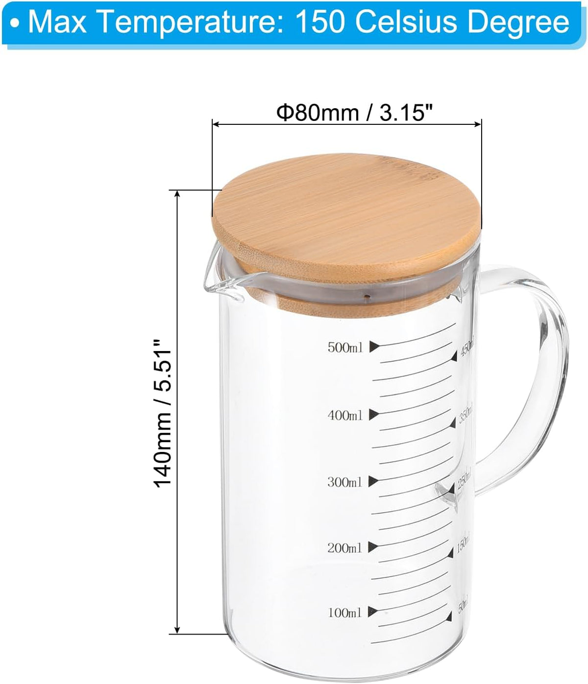 250ml Glass Measuring Cup, 3.3 Borosilicate Glass Graduated Black Printed Scale Liquid Measure Cups Beaker with Wood Lid and V-Shaped Spout for Kitchen