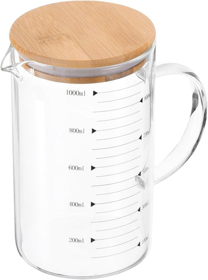 250ml Glass Measuring Cup, 3.3 Borosilicate Glass Graduated Black Printed Scale Liquid Measure Cups Beaker with Wood Lid and V-Shaped Spout for Kitchen