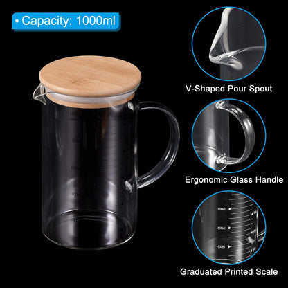 250ml Glass Measuring Cup, 3.3 Borosilicate Glass Graduated Black Printed Scale Liquid Measure Cups Beaker with Wood Lid and V-Shaped Spout for Kitchen
