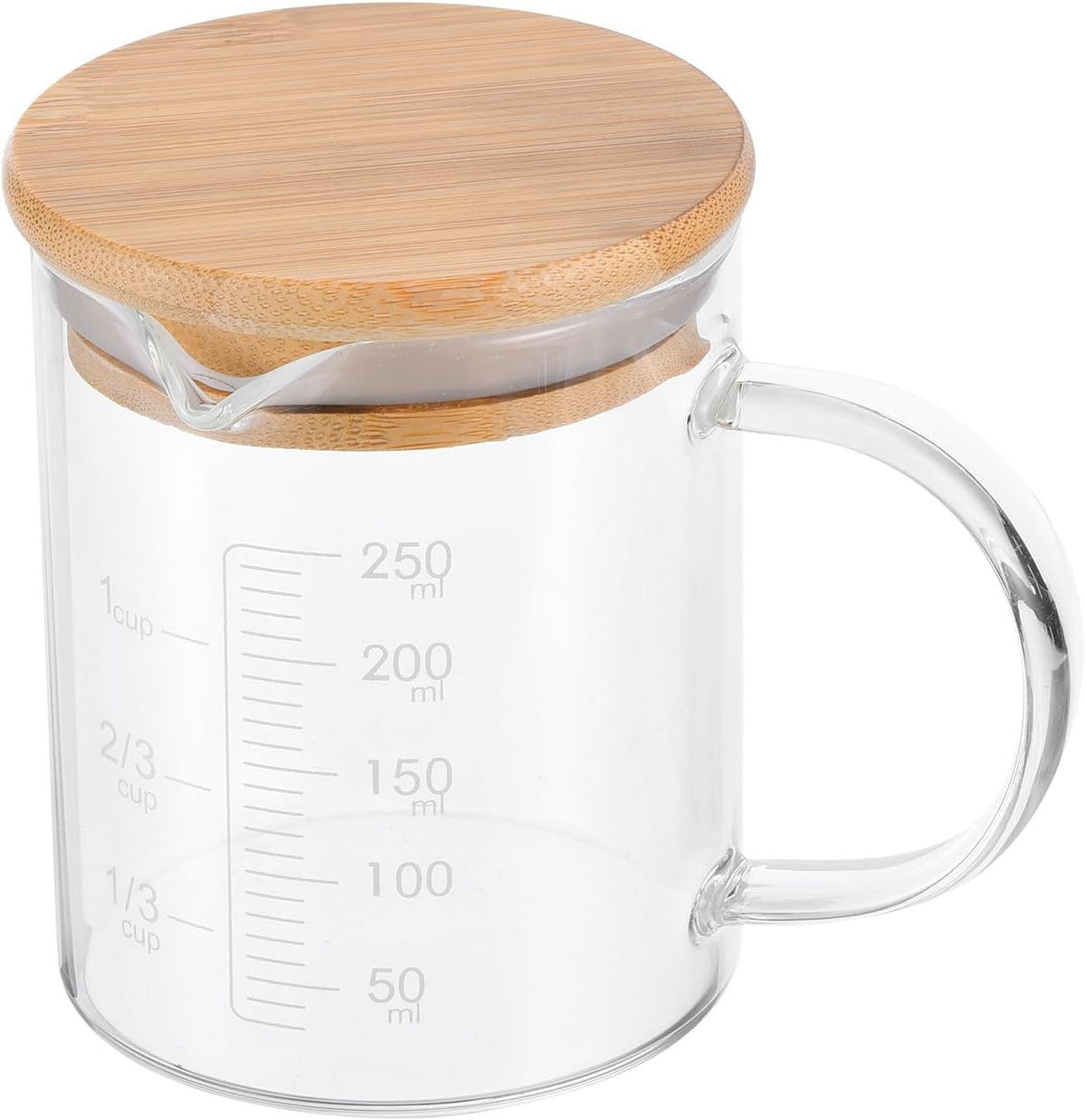 250ml Glass Measuring Cup, 3.3 Borosilicate Glass Graduated Black Printed Scale Liquid Measure Cups Beaker with Wood Lid and V-Shaped Spout for Kitchen