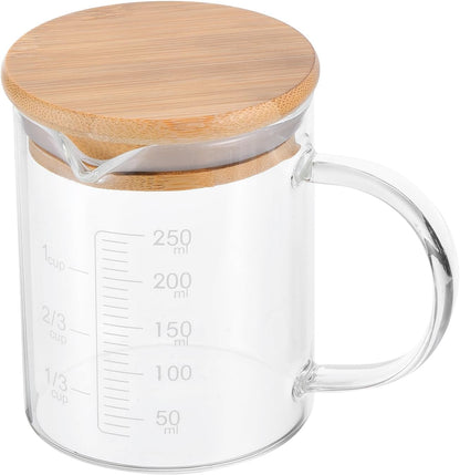 250ml Glass Measuring Cup, 3.3 Borosilicate Glass Graduated Black Printed Scale Liquid Measure Cups Beaker with Wood Lid and V-Shaped Spout for Kitchen