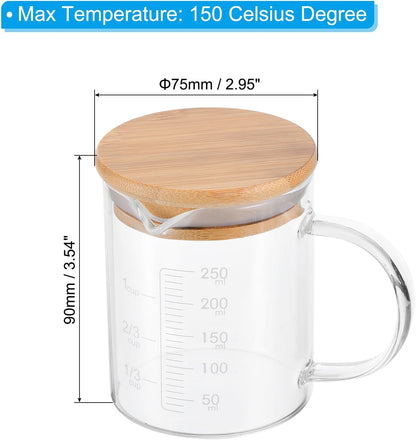 250ml Glass Measuring Cup, 3.3 Borosilicate Glass Graduated Black Printed Scale Liquid Measure Cups Beaker with Wood Lid and V-Shaped Spout for Kitchen