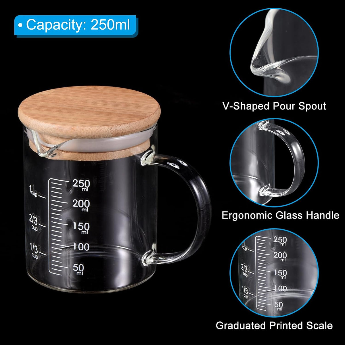 250ml Glass Measuring Cup, 3.3 Borosilicate Glass Graduated Black Printed Scale Liquid Measure Cups Beaker with Wood Lid and V-Shaped Spout for Kitchen