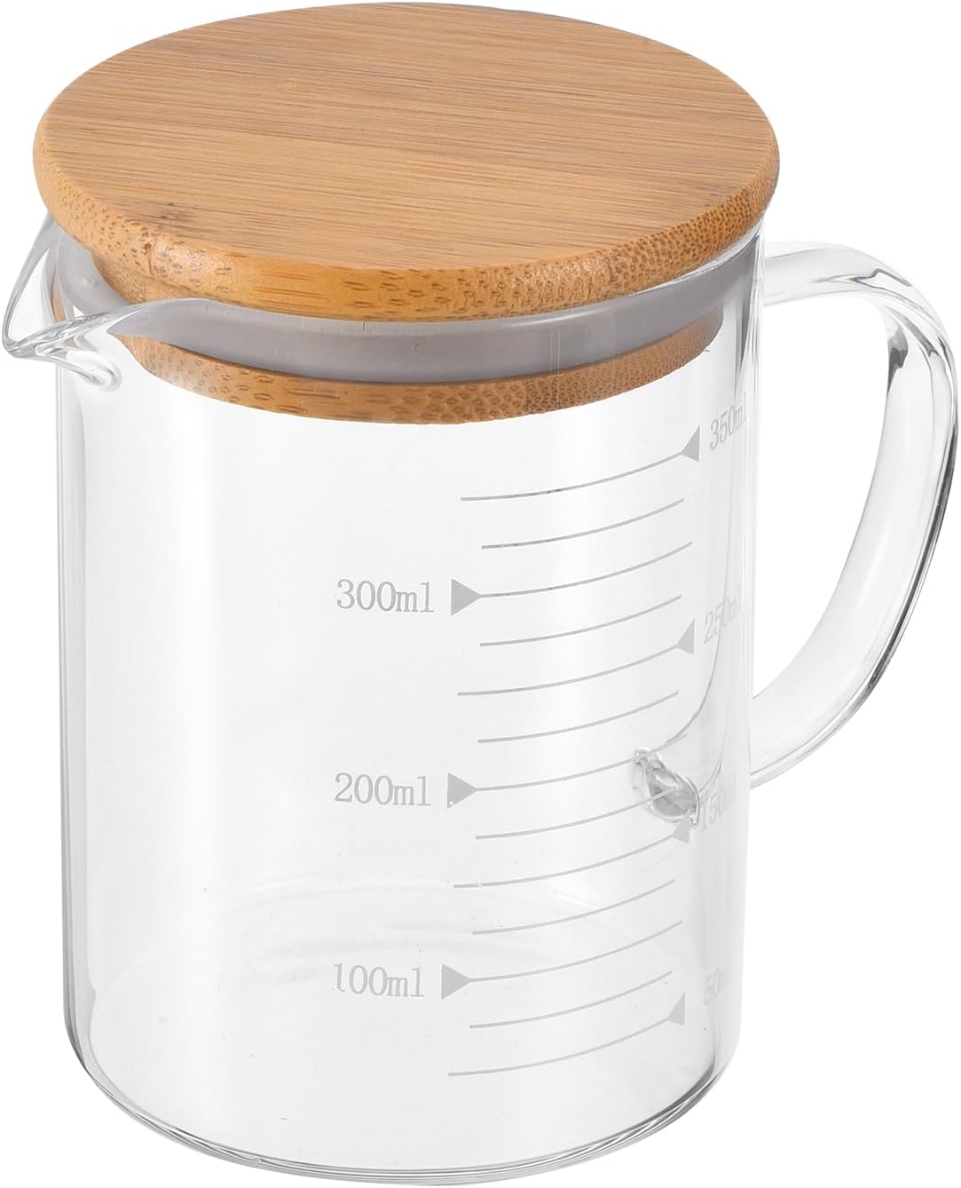 250ml Glass Measuring Cup, 3.3 Borosilicate Glass Graduated Black Printed Scale Liquid Measure Cups Beaker with Wood Lid and V-Shaped Spout for Kitchen