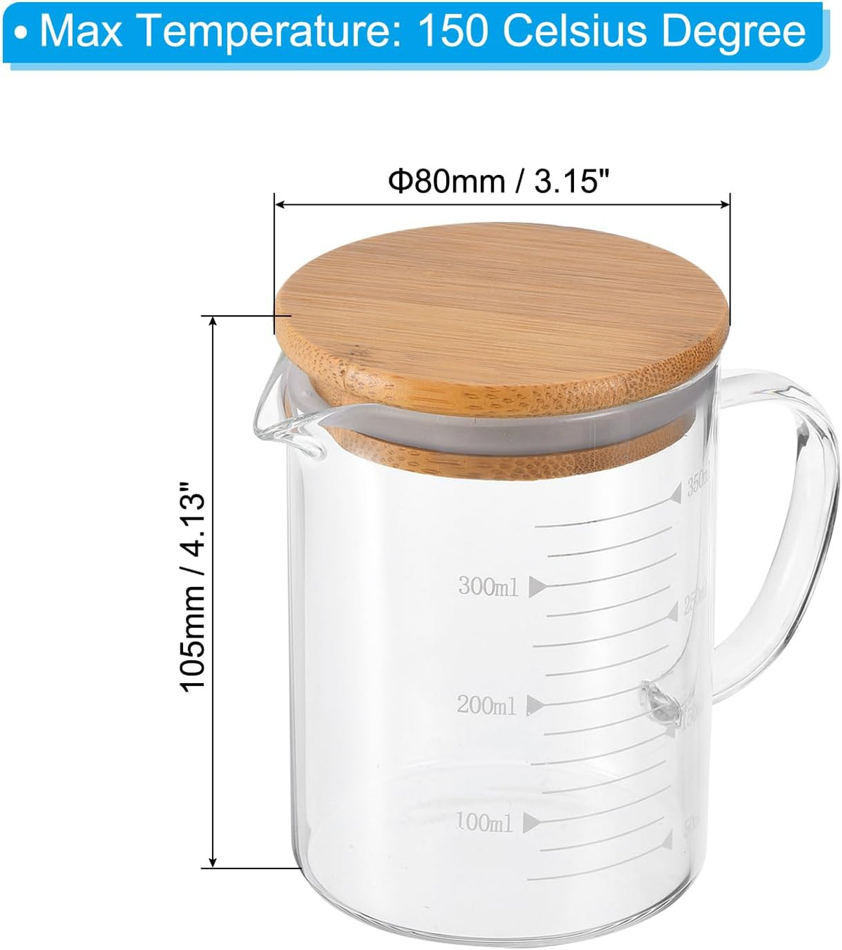 250ml Glass Measuring Cup, 3.3 Borosilicate Glass Graduated Black Printed Scale Liquid Measure Cups Beaker with Wood Lid and V-Shaped Spout for Kitchen