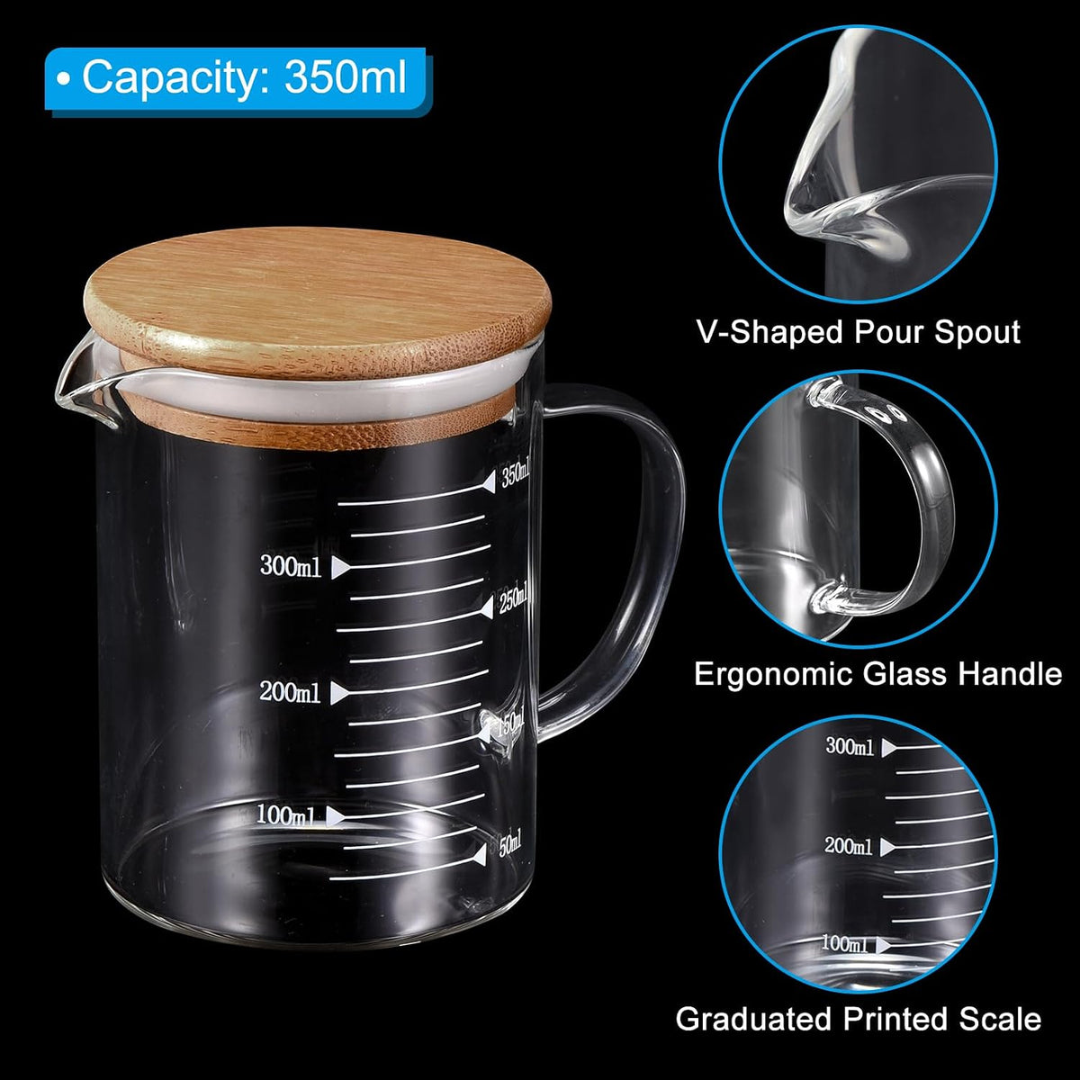 250ml Glass Measuring Cup, 3.3 Borosilicate Glass Graduated Black Printed Scale Liquid Measure Cups Beaker with Wood Lid and V-Shaped Spout for Kitchen