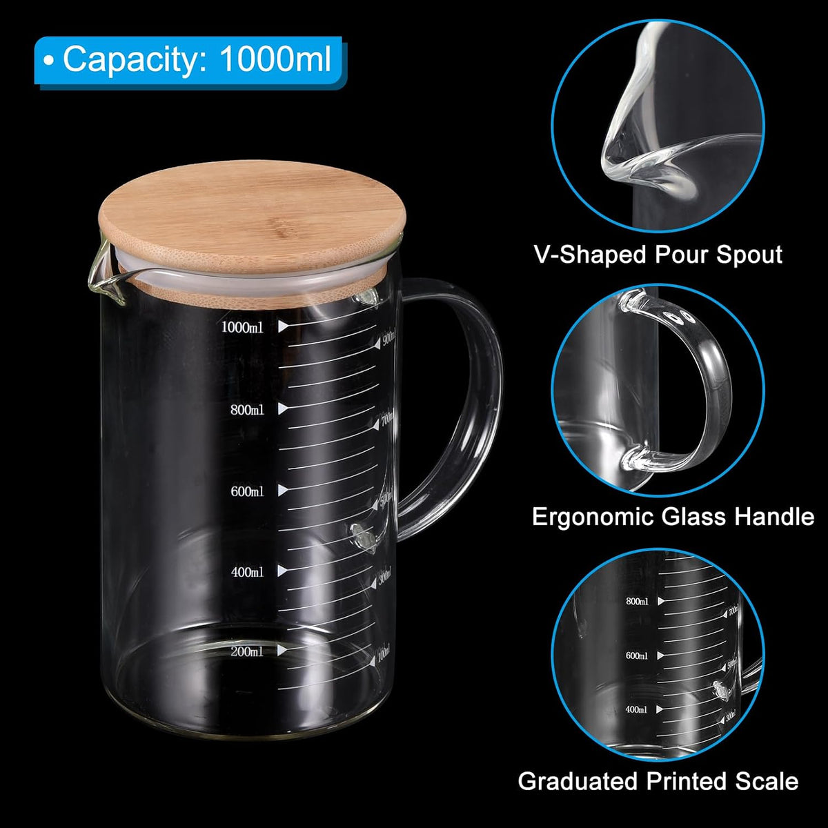 250ml Glass Measuring Cup, 3.3 Borosilicate Glass Graduated Black Printed Scale Liquid Measure Cups Beaker with Wood Lid and V-Shaped Spout for Kitchen