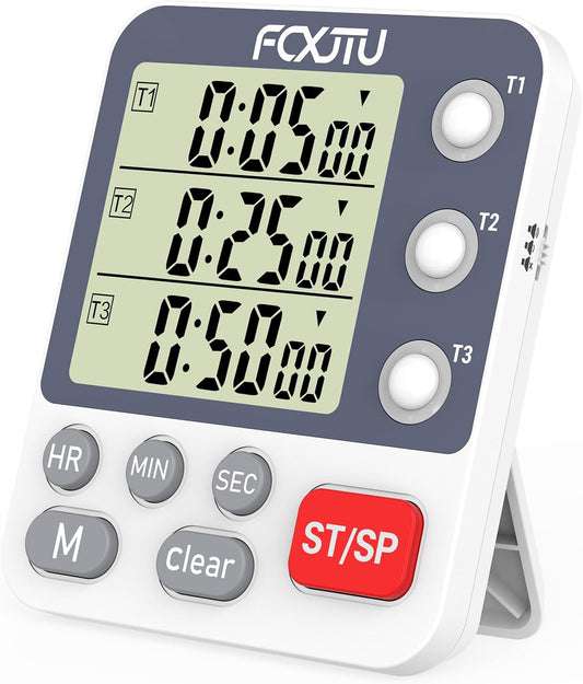 Digital Dual Kitchen Timer, 3-Channel Magnetic Countdown Timer for Cooking | Multi Groups Triple Independent Countup Timer, Memory Presets, Loud Alarm & Mute, Large Display, 3A Battery & Stand Included