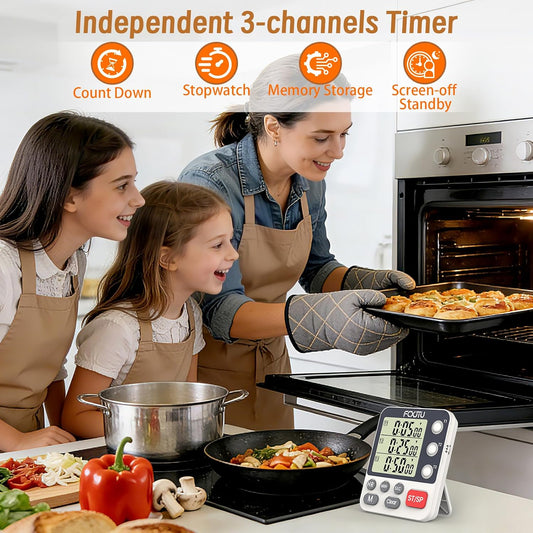 Digital Dual Kitchen Timer, 3-Channel Magnetic Countdown Timer for Cooking | Multi Groups Triple Independent Countup Timer, Memory Presets, Loud Alarm & Mute, Large Display, 3A Battery & Stand Included