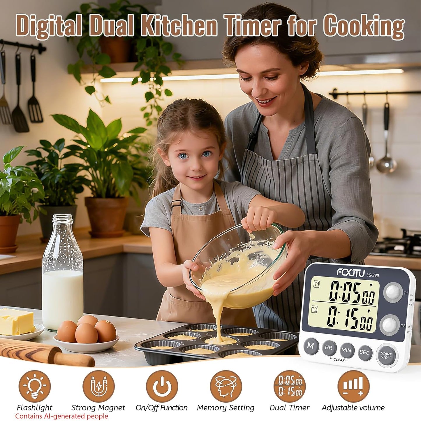Digital Dual Kitchen Timer, 3-Channel Magnetic Countdown Timer for Cooking | Multi Groups Triple Independent Countup Timer, Memory Presets, Loud Alarm & Mute, Large Display, 3A Battery & Stand Included