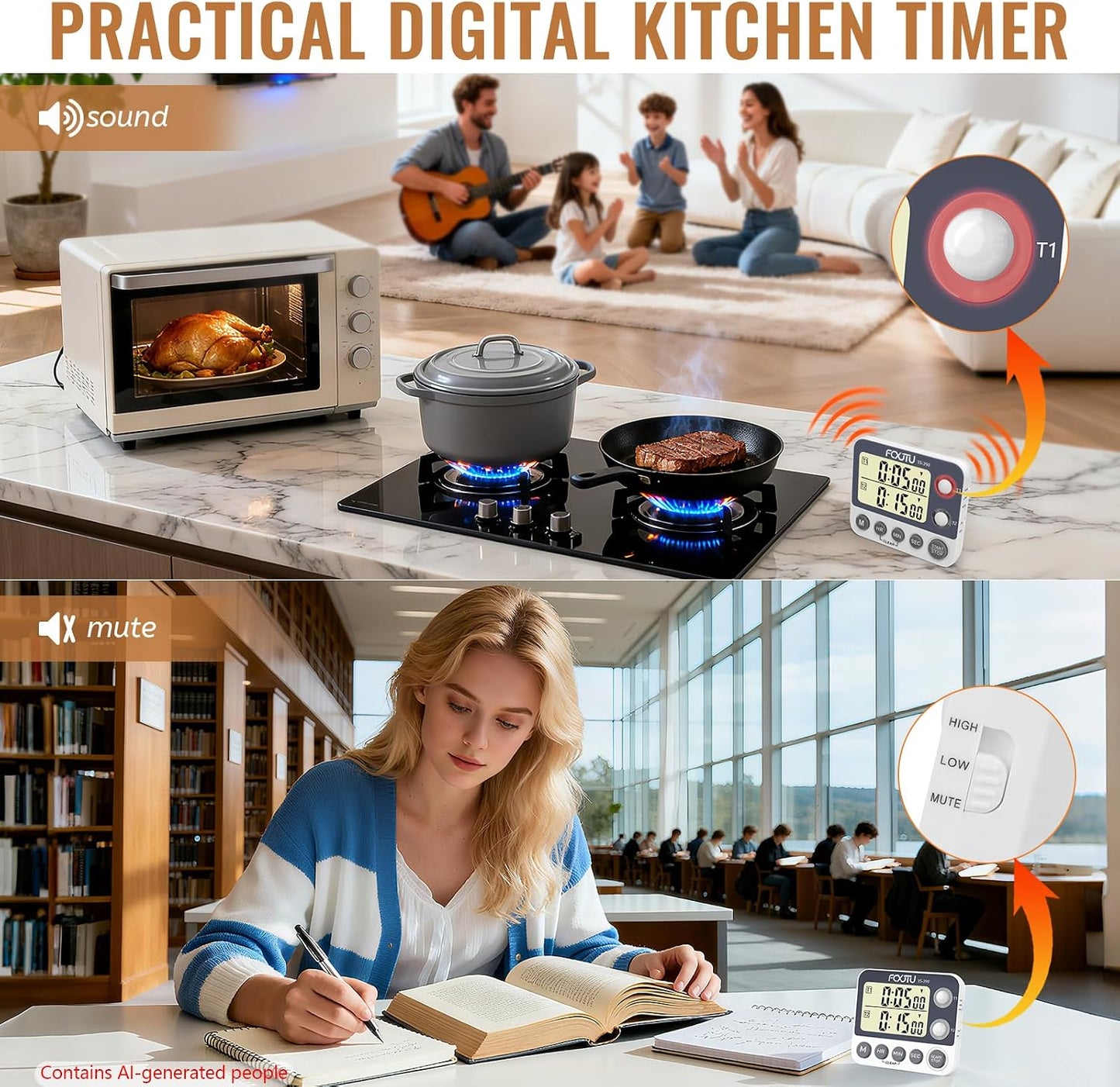 Digital Dual Kitchen Timer, 3-Channel Magnetic Countdown Timer for Cooking | Multi Groups Triple Independent Countup Timer, Memory Presets, Loud Alarm & Mute, Large Display, 3A Battery & Stand Included