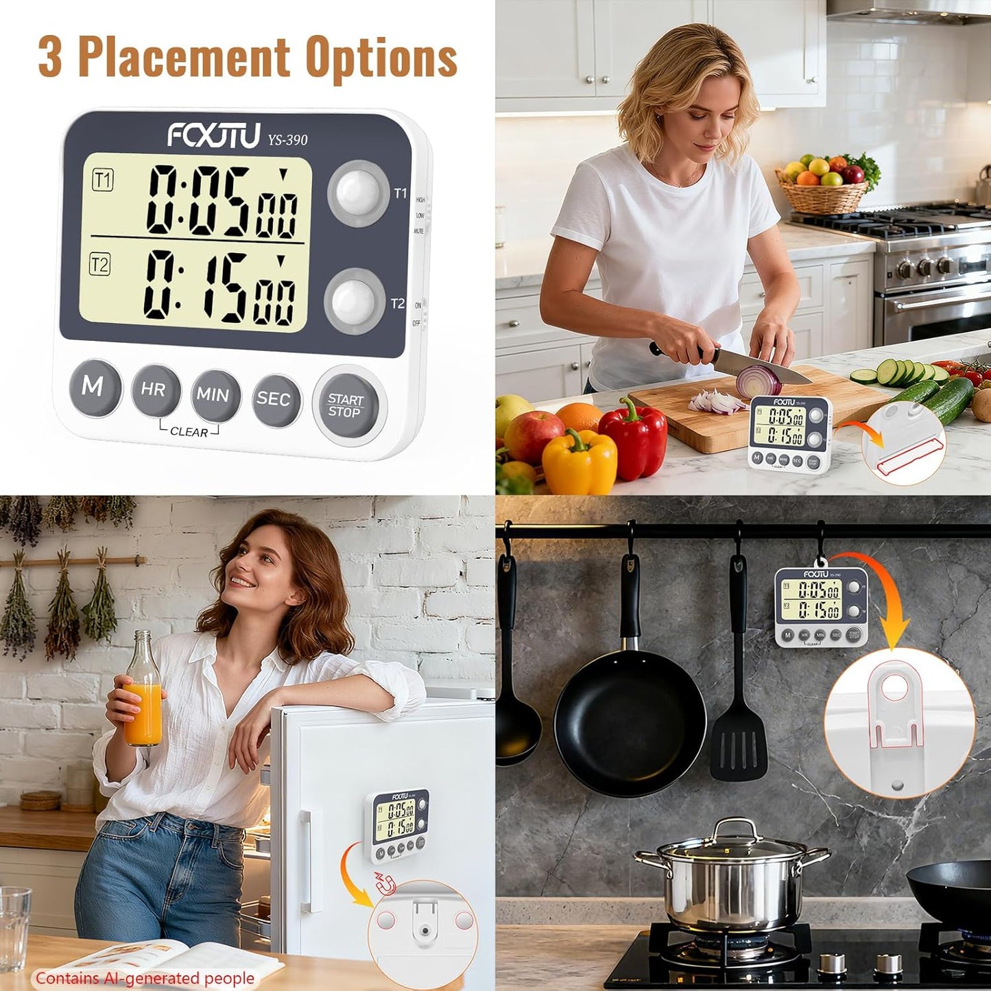 Digital Dual Kitchen Timer, 3-Channel Magnetic Countdown Timer for Cooking | Multi Groups Triple Independent Countup Timer, Memory Presets, Loud Alarm & Mute, Large Display, 3A Battery & Stand Included
