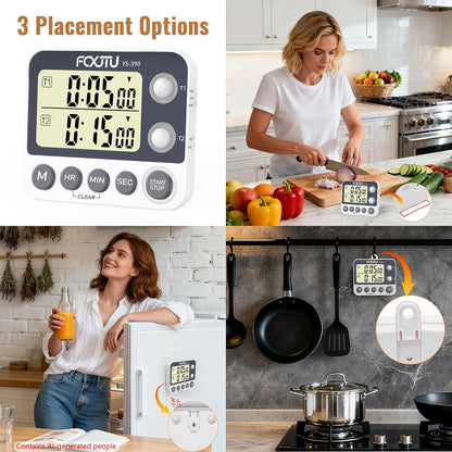 Digital Dual Kitchen Timer, 3-Channel Magnetic Countdown Timer for Cooking | Multi Groups Triple Independent Countup Timer, Memory Presets, Loud Alarm & Mute, Large Display, 3A Battery & Stand Included