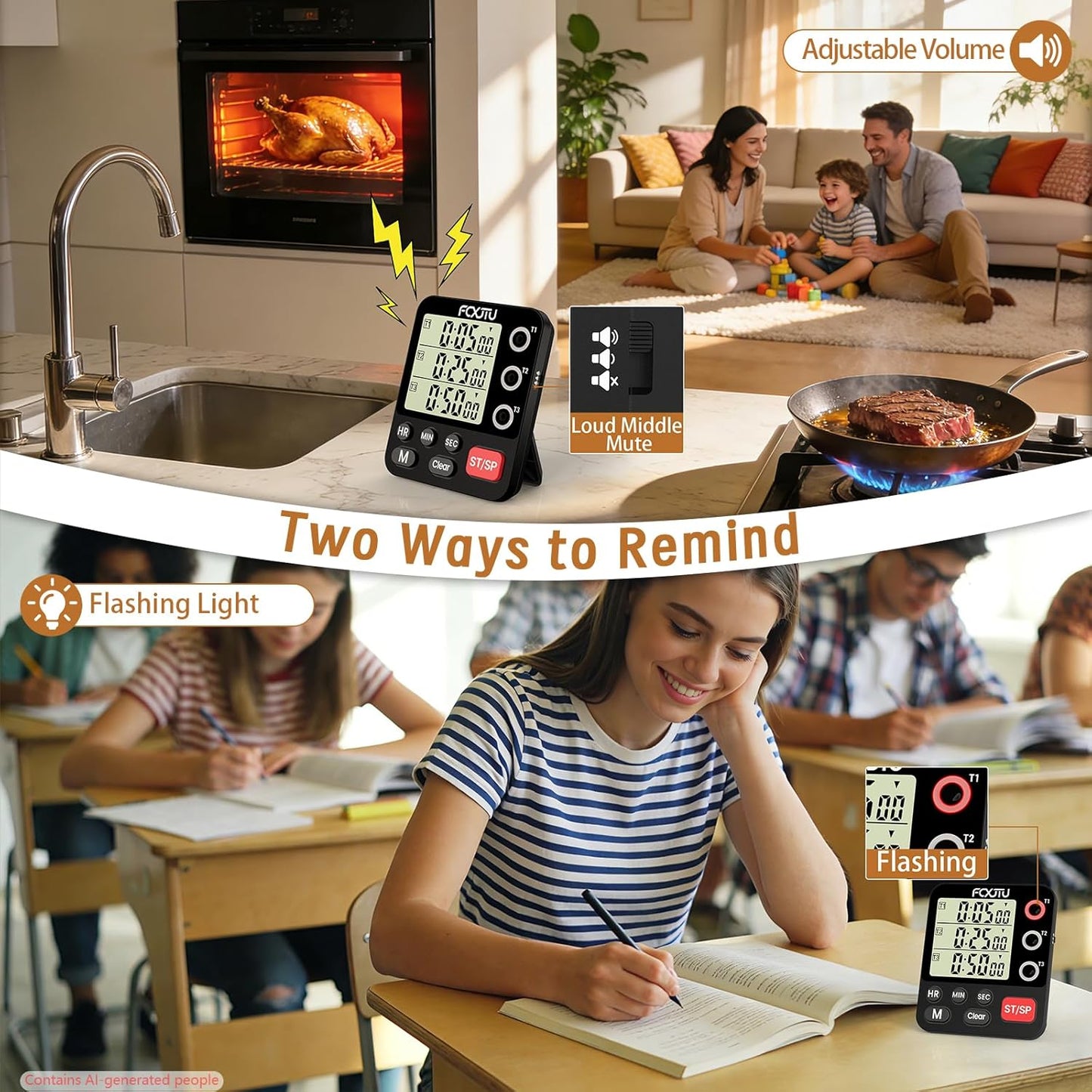 Digital Dual Kitchen Timer, 3-Channel Magnetic Countdown Timer for Cooking | Multi Groups Triple Independent Countup Timer, Memory Presets, Loud Alarm & Mute, Large Display, 3A Battery & Stand Included