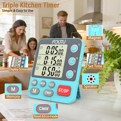 Digital Dual Kitchen Timer, 3-Channel Magnetic Countdown Timer for Cooking | Multi Groups Triple Independent Countup Timer, Memory Presets, Loud Alarm & Mute, Large Display, 3A Battery & Stand Included