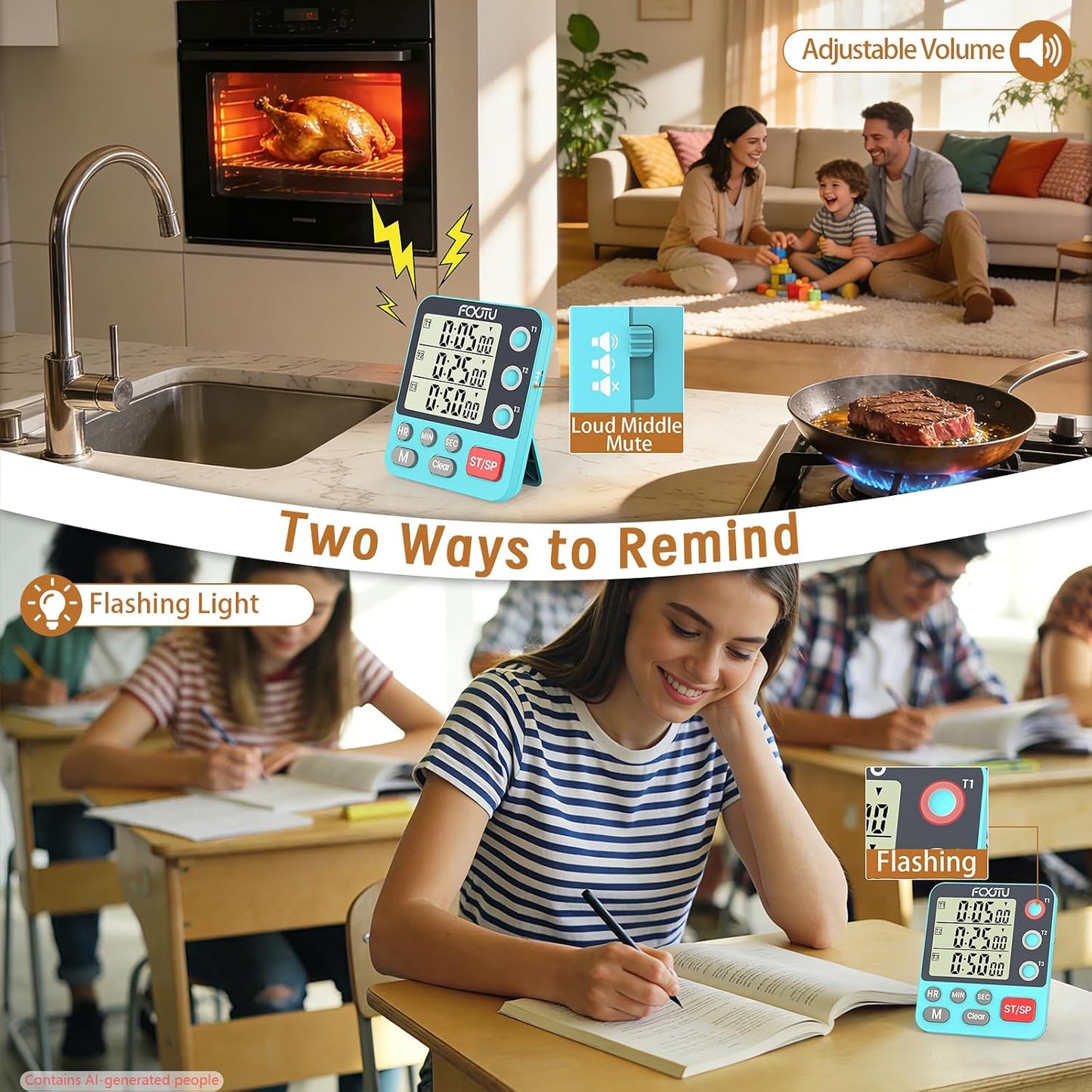 Digital Dual Kitchen Timer, 3-Channel Magnetic Countdown Timer for Cooking | Multi Groups Triple Independent Countup Timer, Memory Presets, Loud Alarm & Mute, Large Display, 3A Battery & Stand Included