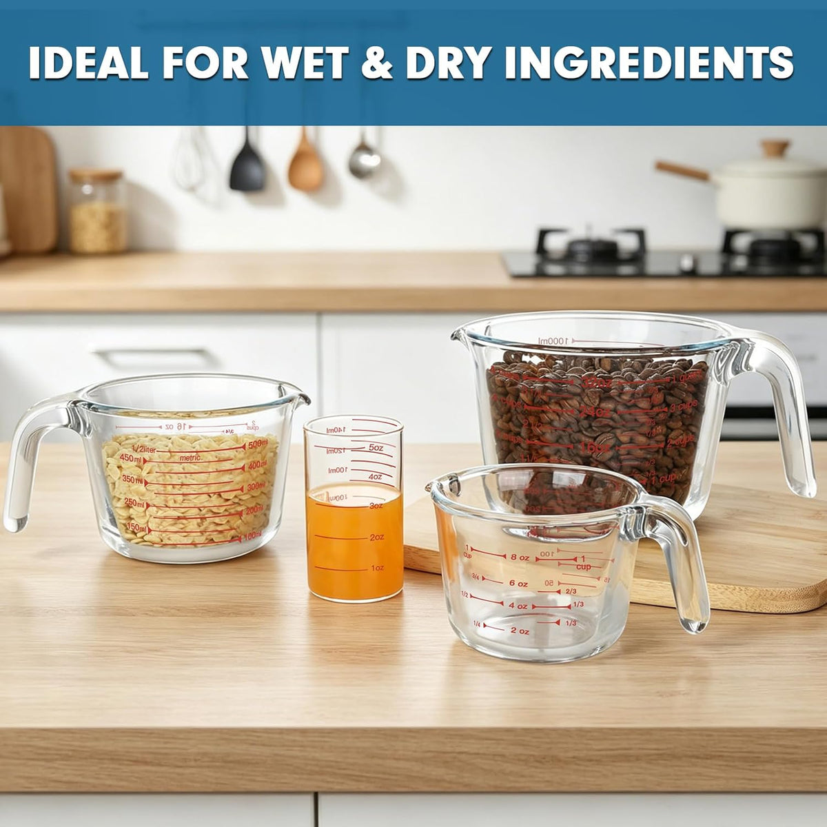KOMUEE 4 Pieces Glass Measuring Cups Set