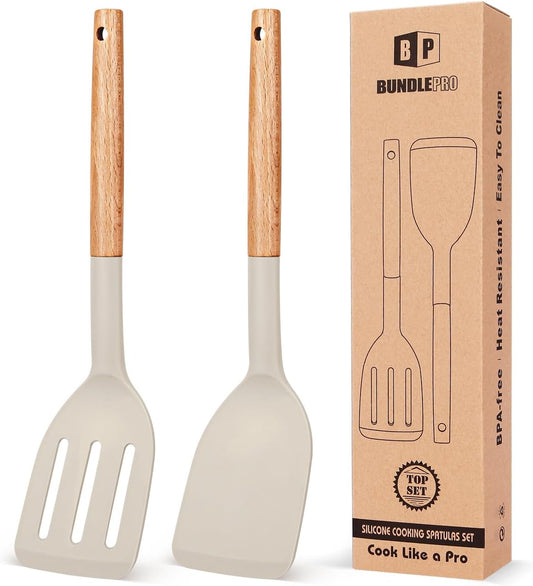 Silicone Spatula, Solid & Slotted Turner, BPA-Free, 2 Pack, Khaki