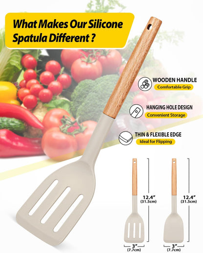Silicone Spatula, Solid & Slotted Turner, BPA-Free, 2 Pack, Khaki