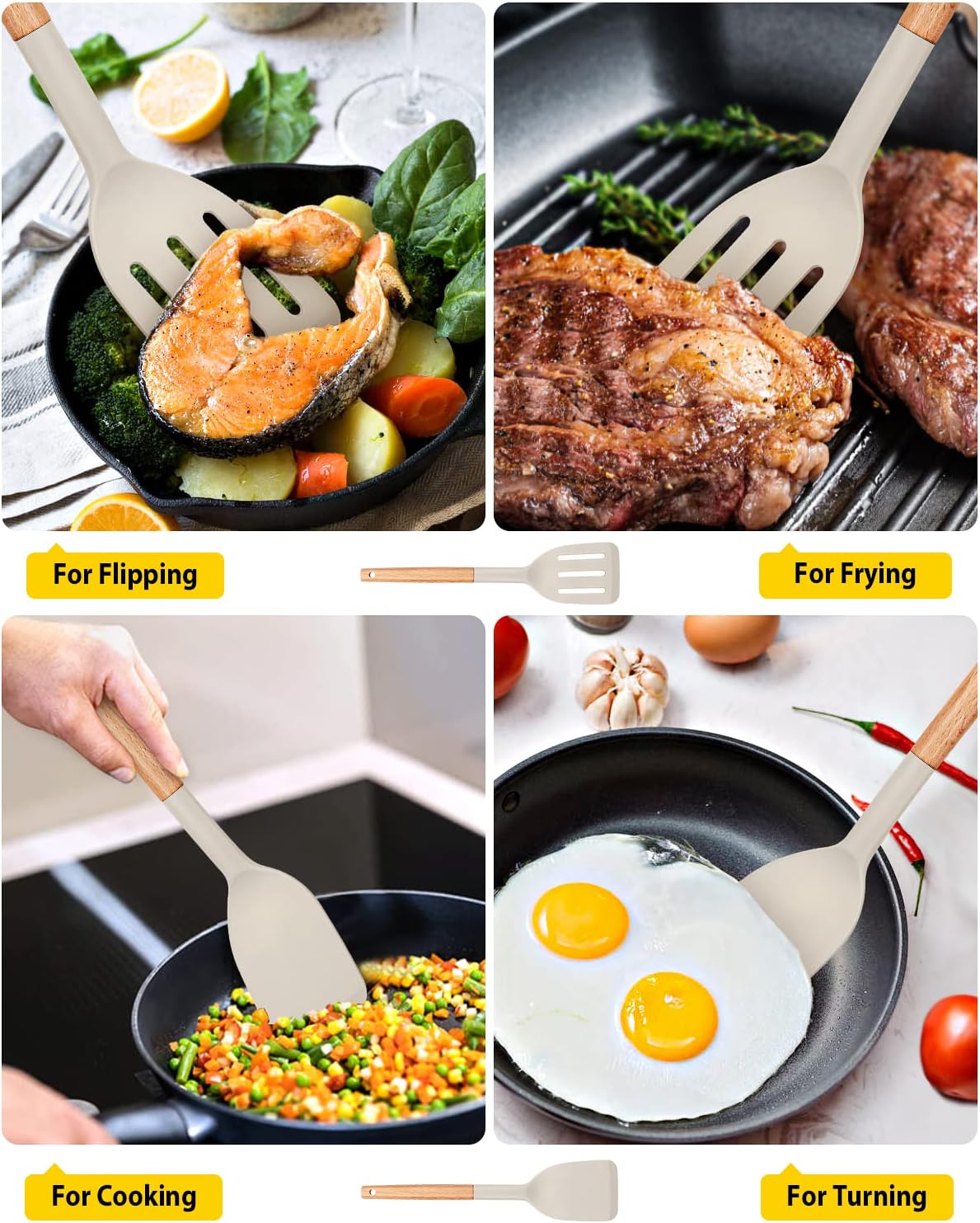 Silicone Spatula, Solid & Slotted Turner, BPA-Free, 2 Pack, Khaki