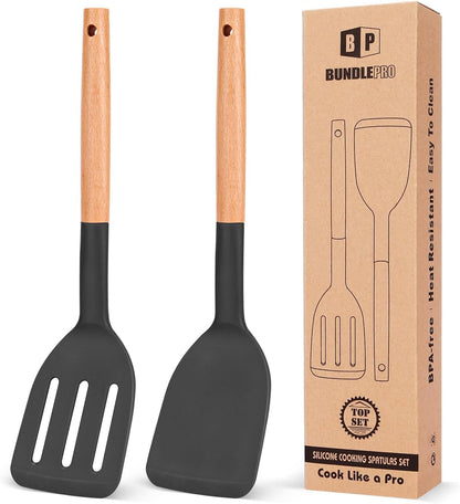 Silicone Spatula, Solid & Slotted Turner, BPA-Free, 2 Pack, Khaki