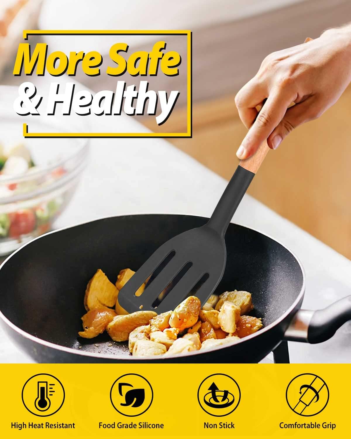 Silicone Spatula, Solid & Slotted Turner, BPA-Free, 2 Pack, Khaki