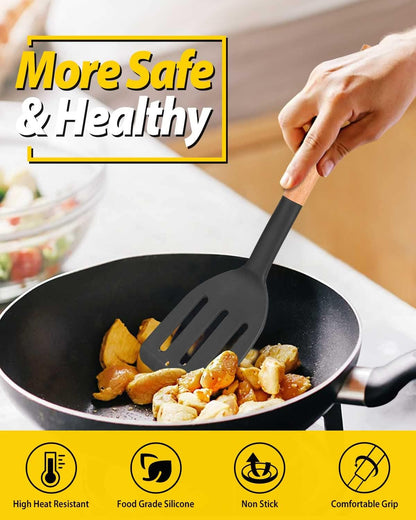 Silicone Spatula, Solid & Slotted Turner, BPA-Free, 2 Pack, Khaki