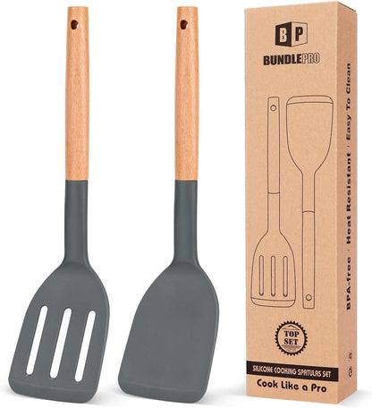 Silicone Spatula, Solid & Slotted Turner, BPA-Free, 2 Pack, Khaki