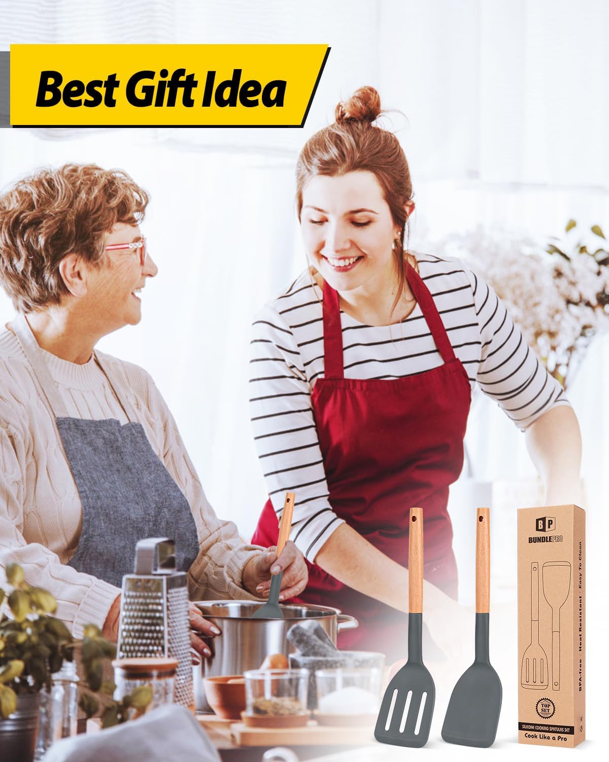 Silicone Spatula, Solid & Slotted Turner, BPA-Free, 2 Pack, Khaki