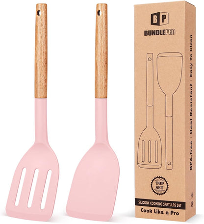 Silicone Spatula, Solid & Slotted Turner, BPA-Free, 2 Pack, Khaki