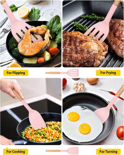 Silicone Spatula, Solid & Slotted Turner, BPA-Free, 2 Pack, Khaki