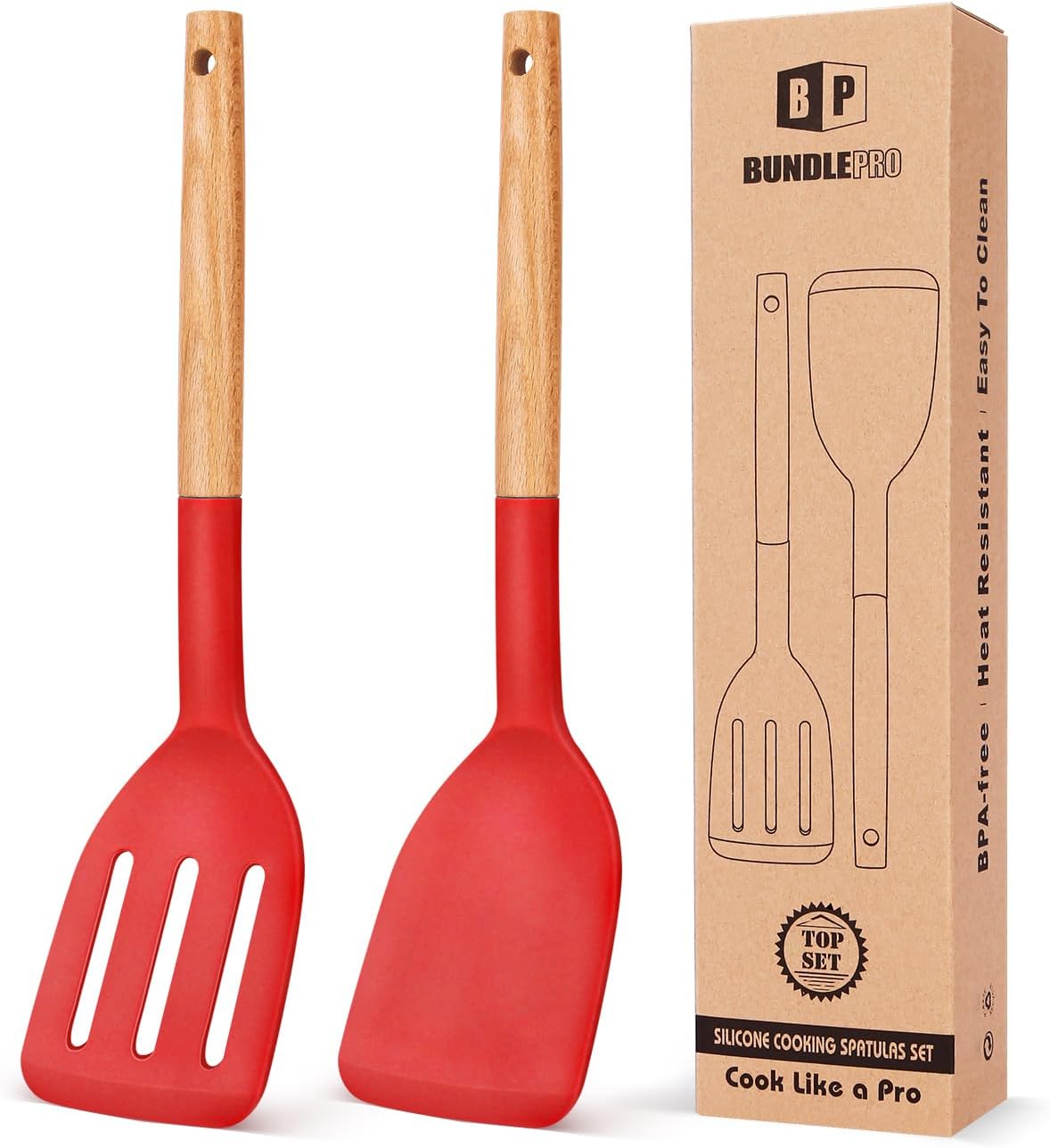 Silicone Spatula, Solid & Slotted Turner, BPA-Free, 2 Pack, Khaki