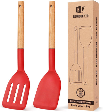 Silicone Spatula, Solid & Slotted Turner, BPA-Free, 2 Pack, Khaki