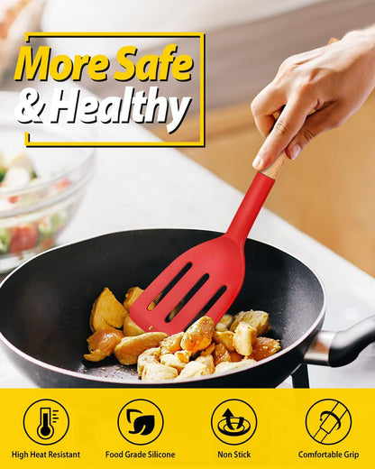 Silicone Spatula, Solid & Slotted Turner, BPA-Free, 2 Pack, Khaki