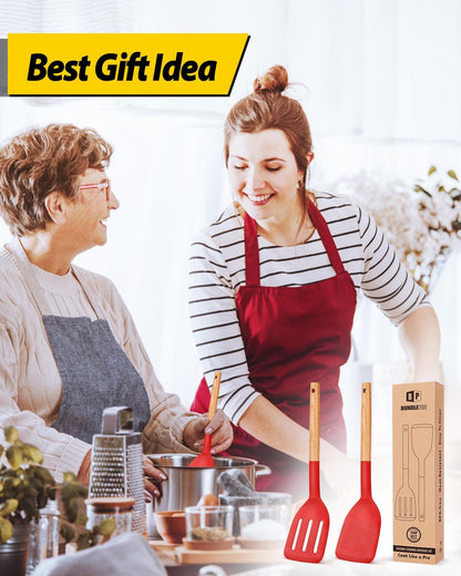 Silicone Spatula, Solid & Slotted Turner, BPA-Free, 2 Pack, Khaki