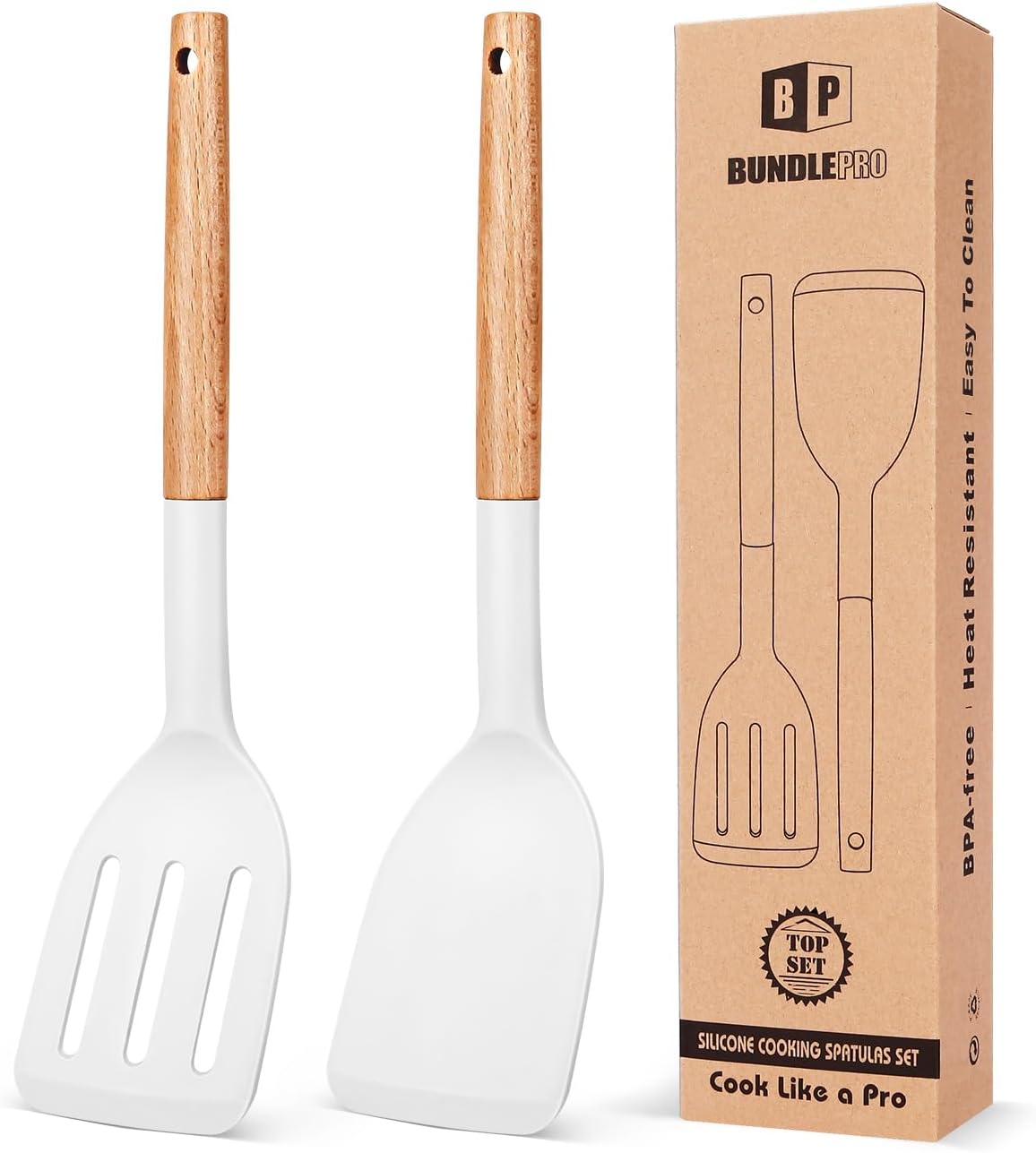 Silicone Spatula, Solid & Slotted Turner, BPA-Free, 2 Pack, Khaki