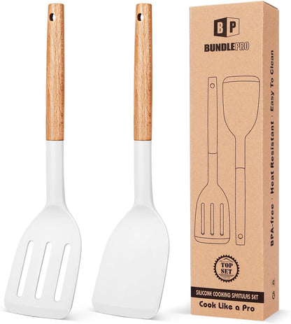 Silicone Spatula, Solid & Slotted Turner, BPA-Free, 2 Pack, Khaki