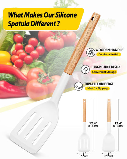 Silicone Spatula, Solid & Slotted Turner, BPA-Free, 2 Pack, Khaki