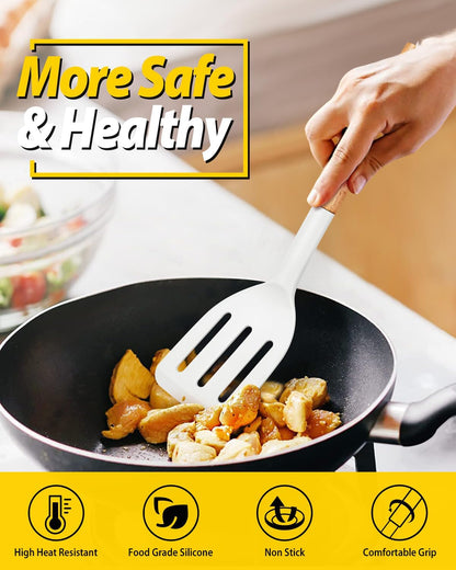 Silicone Spatula, Solid & Slotted Turner, BPA-Free, 2 Pack, Khaki