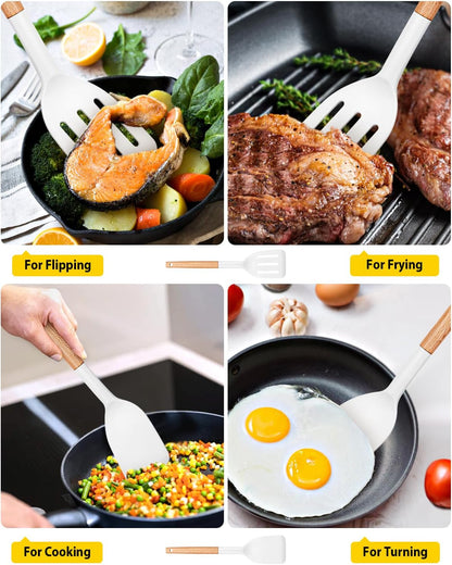 Silicone Spatula, Solid & Slotted Turner, BPA-Free, 2 Pack, Khaki