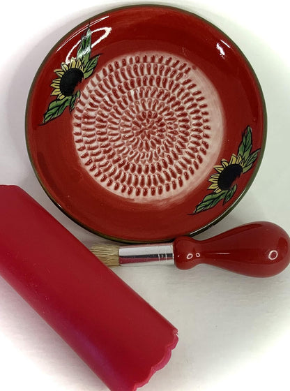 Premium Ceramic Garlic Grater Plate Set - Red Sunflower