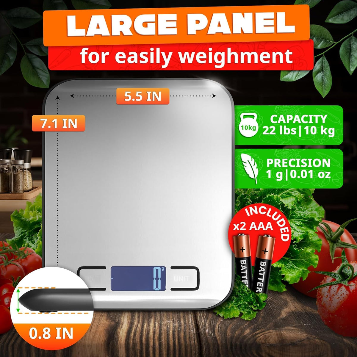 Food Scale with 4-Point Sensor - Kitchen Scales Digital Weight Grams and Ounces, kg, lb, ml, Milk ml with LCD Display, 22lb Load, 0.05oz Increments, Tare & Auto-Off Feature - for Cooking and Backing