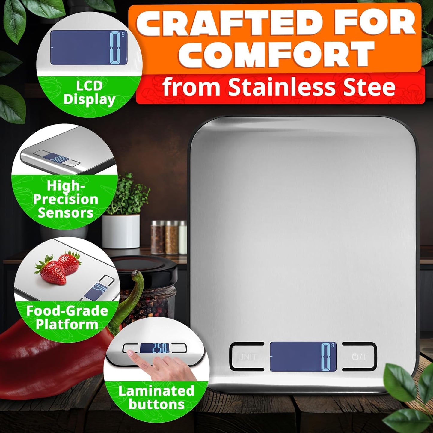 Food Scale with 4-Point Sensor - Kitchen Scales Digital Weight Grams and Ounces, kg, lb, ml, Milk ml with LCD Display, 22lb Load, 0.05oz Increments, Tare & Auto-Off Feature - for Cooking and Backing