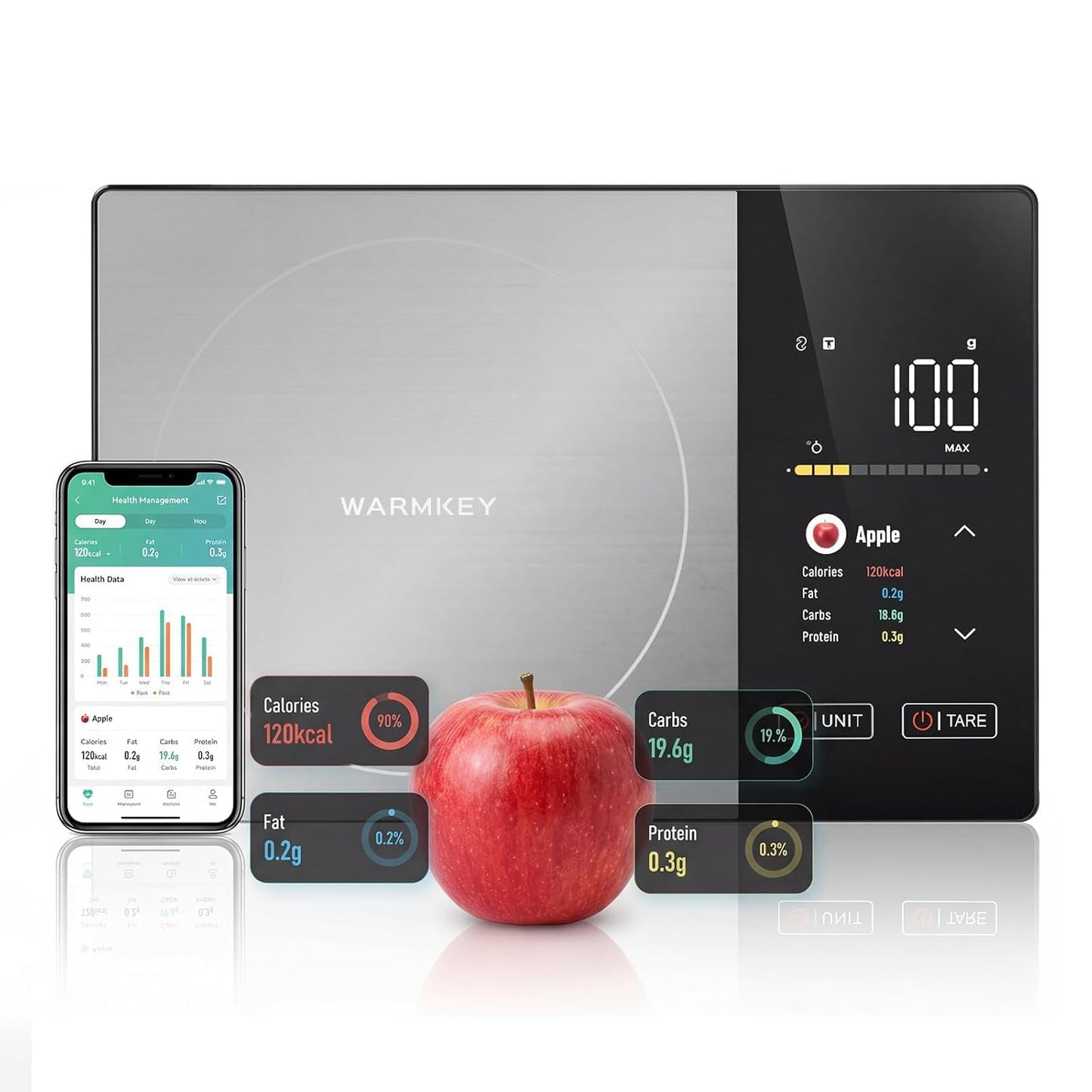 Smart Nutrition Food Scale with TFT Display & App for Daily Reports,Tracks Calories/Fat/Carbs/Protein,1g Precision, 5kg/11lb,50 Built-in Foods 24 Nutrients,Digital Kitchen Scale for Meal Prep