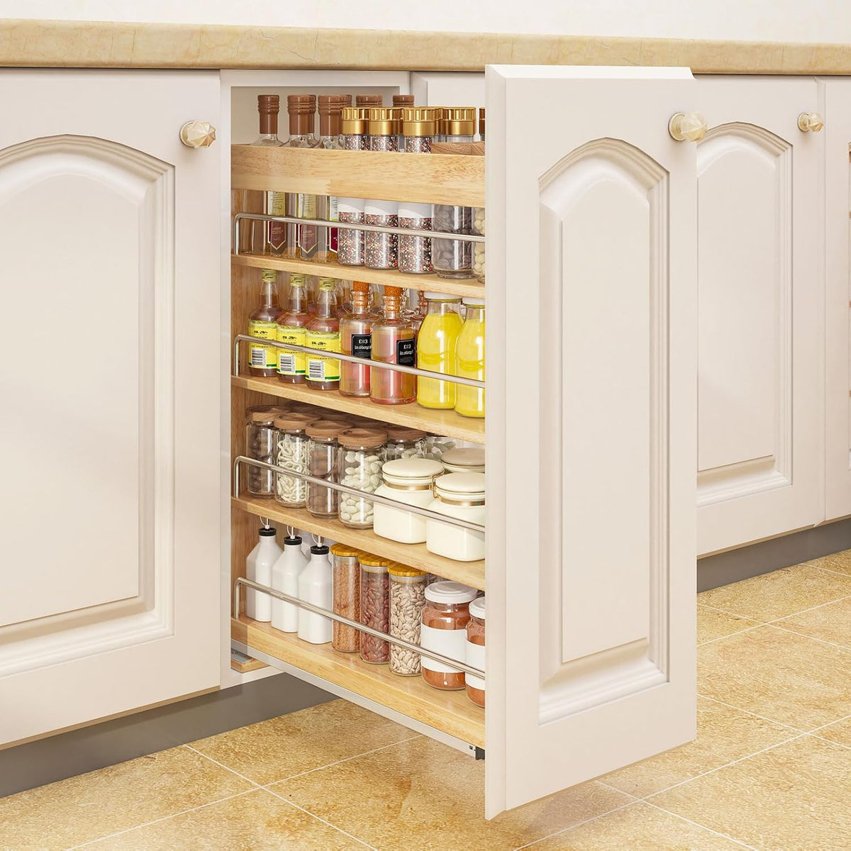 Pull Out Spice Rack Organizer for Cabinet, (5" W x 21.9" D x 25.2" H) Multi-Use Wood Pull Out Cabinet Organizer Slide Out Shelf Cabinet Storage for Kitchen, Pantry Organization