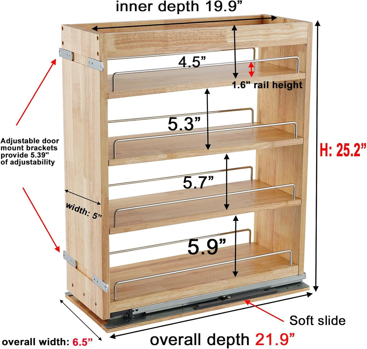 Pull Out Spice Rack Organizer for Cabinet, (5" W x 21.9" D x 25.2" H) Multi-Use Wood Pull Out Cabinet Organizer Slide Out Shelf Cabinet Storage for Kitchen, Pantry Organization