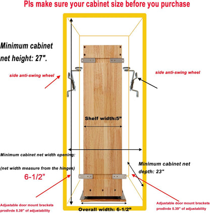 Pull Out Spice Rack Organizer for Cabinet, (5" W x 21.9" D x 25.2" H) Multi-Use Wood Pull Out Cabinet Organizer Slide Out Shelf Cabinet Storage for Kitchen, Pantry Organization