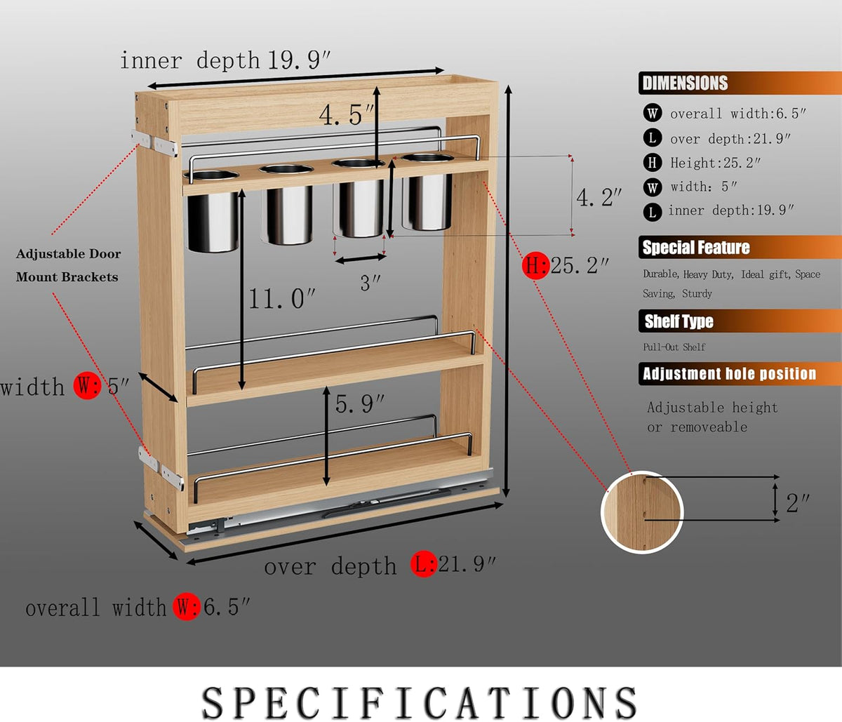 Pull Out Spice Rack Organizer for Cabinet, (5" W x 21.9" D x 25.2" H) Multi-Use Wood Pull Out Cabinet Organizer Slide Out Shelf Cabinet Storage for Kitchen, Pantry Organization